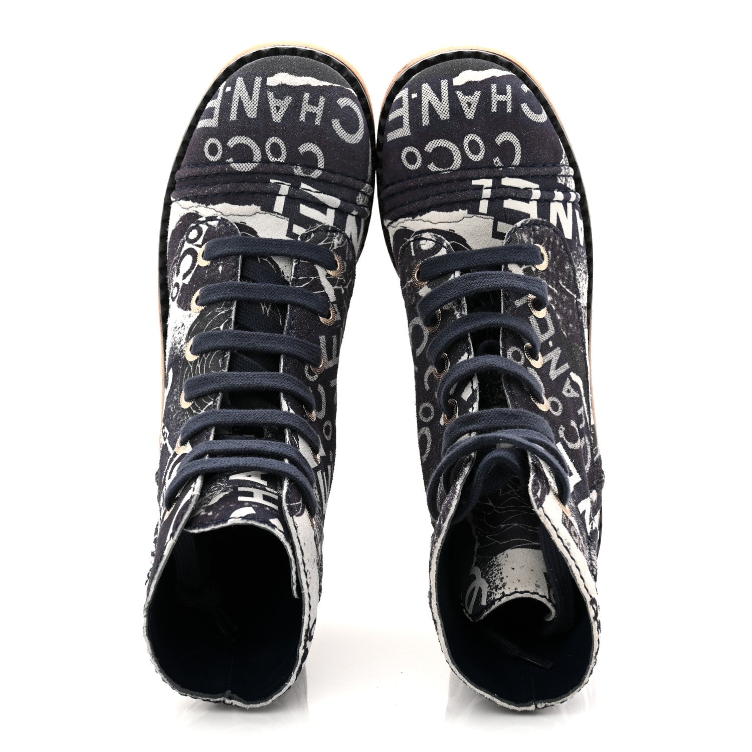 Chanel Suede Calfskin Printed CC 31 Rue Cambon Lace Up Combat Boots 36 White Navy