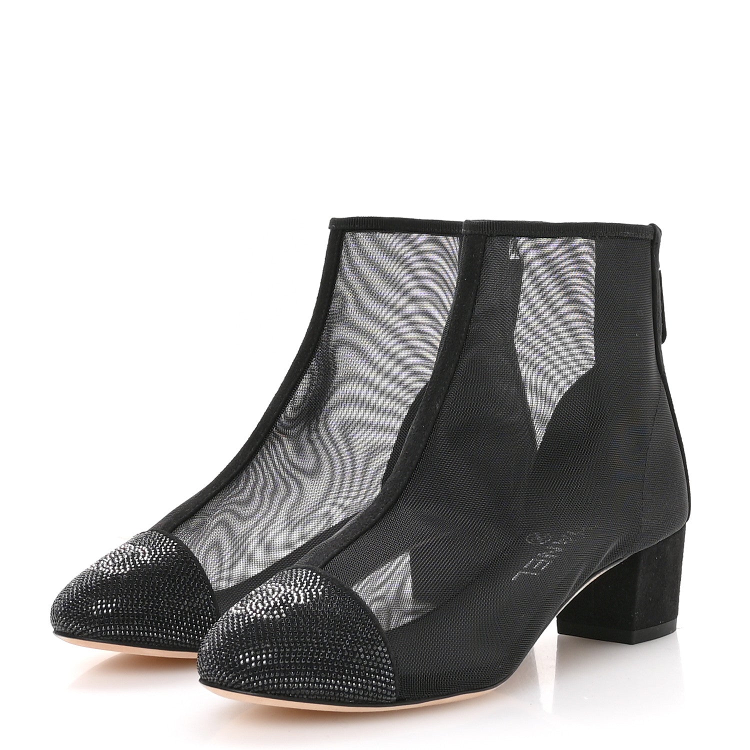 Chanel Mesh Suede Cap Toe Embellished Short Boots 35.5 Black