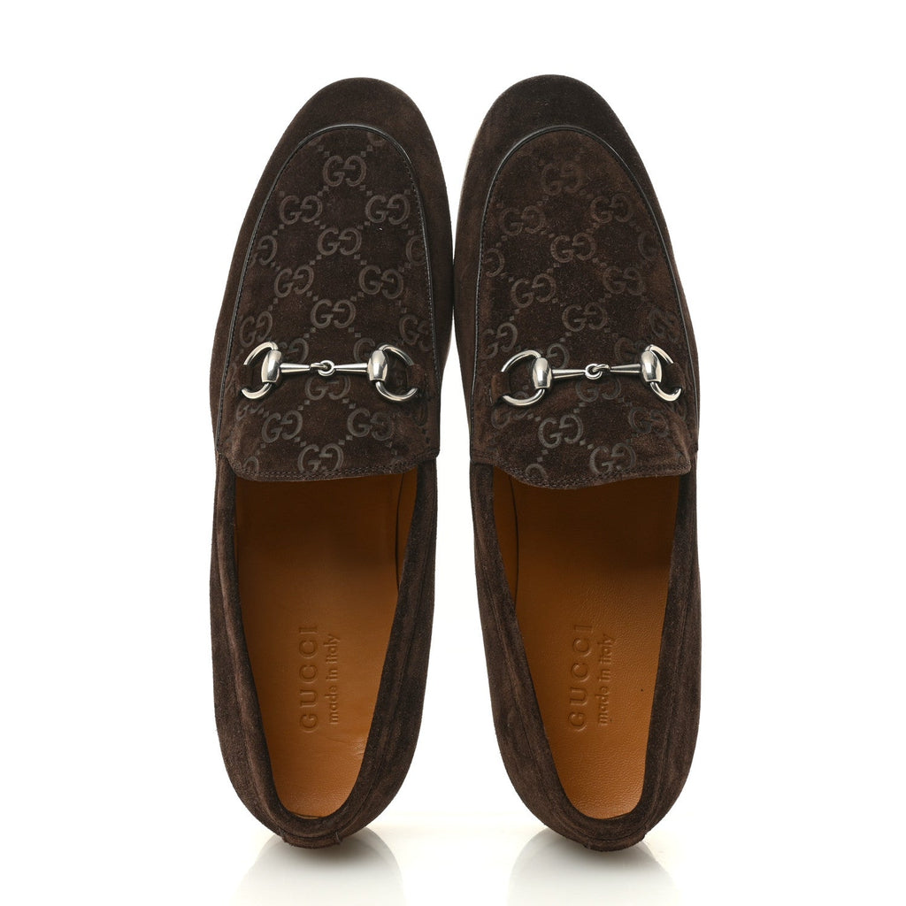 Gucci Luxury Suede GG Monogram Horsebit Mens Jordy Loafers 9 Night Cocoa