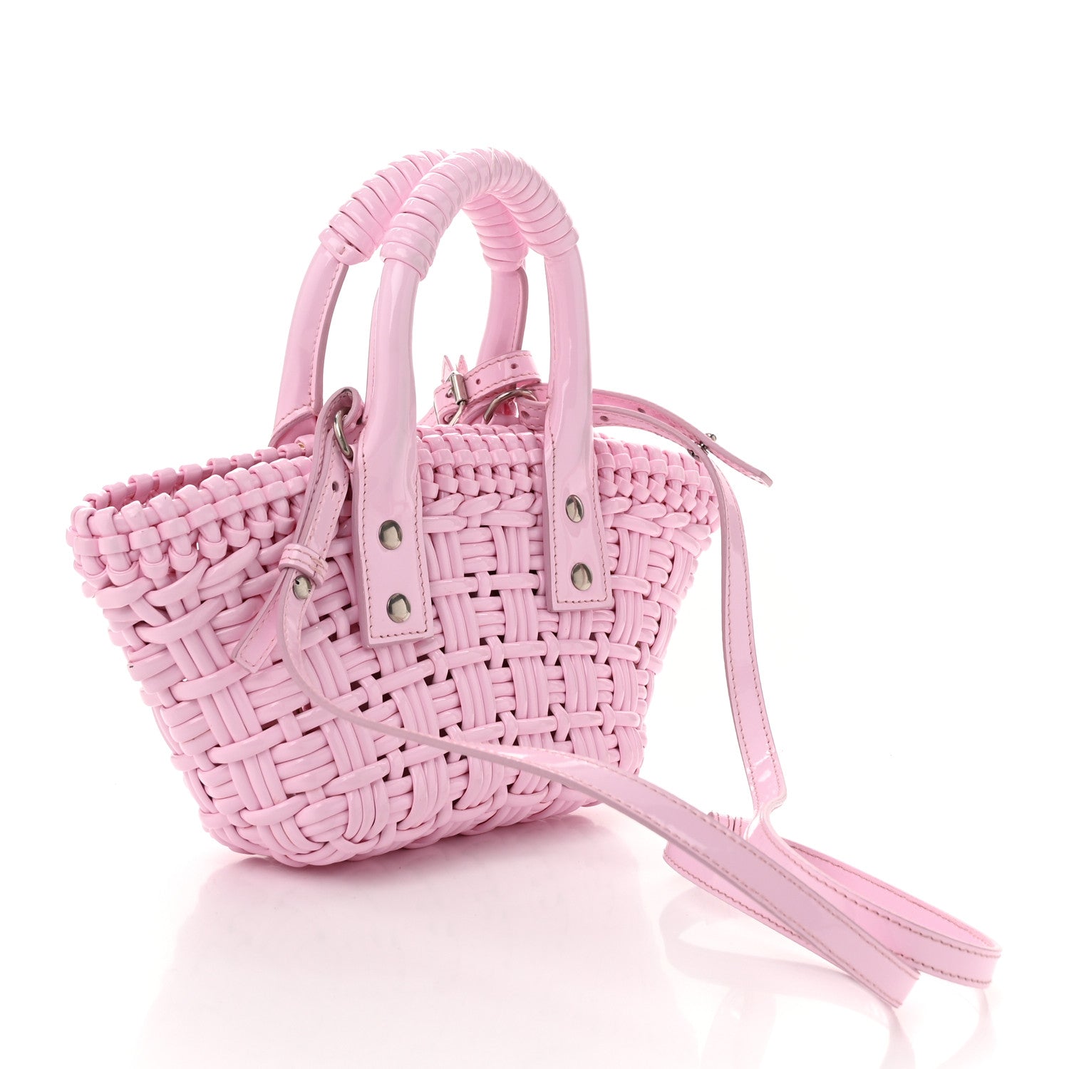 Balenciaga Faux Calfskin Braided Varnished XXS Bistro Basket Candy Pink