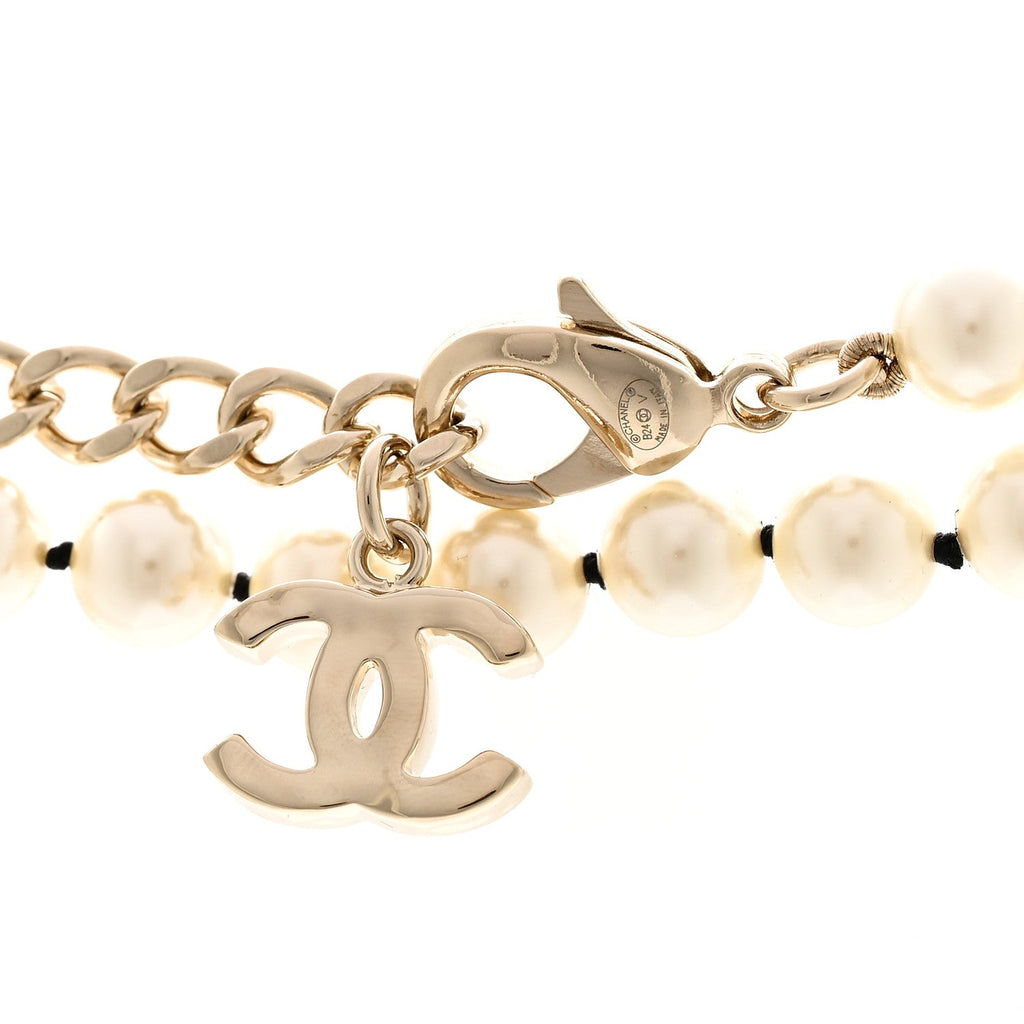 Chanel Pearl Crystal Lambskin CC Long Necklace Gold Black