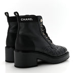 Chanel Pearly Calfskin Patent Calfskin Lace Up Combat Boots 37 Black
