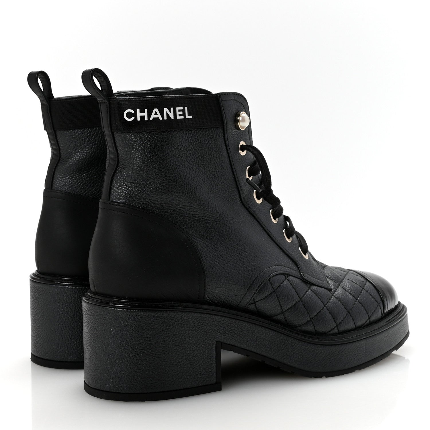 Chanel Pearly Calfskin Patent Calfskin Lace Up Combat Boots 37 Black