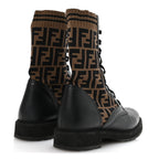 Fendi Calfskin Stretch Fabric FF Rockoko Biker Boots 40 Black Tobacco