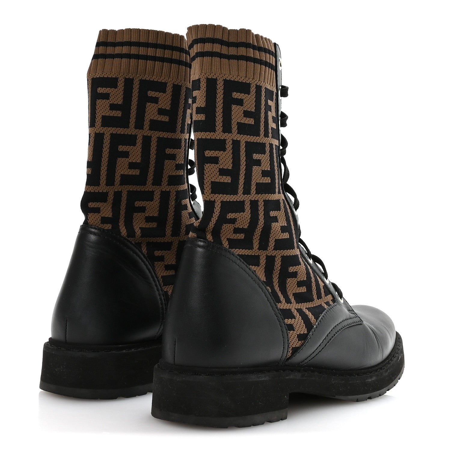 Fendi Calfskin Stretch Fabric FF Rockoko Biker Boots 40 Black Tobacco