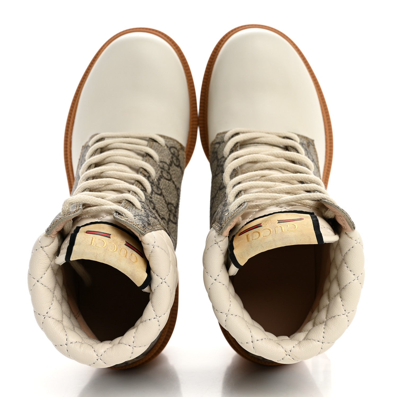 Gucci Calfskin GG Supreme Monogram Nappa Quilted Lace Up Ankle Boots 35 Mystic White Beige