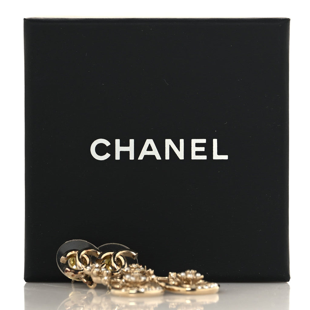 Chanel Pearl Crystal CC Drop Earrings Gold