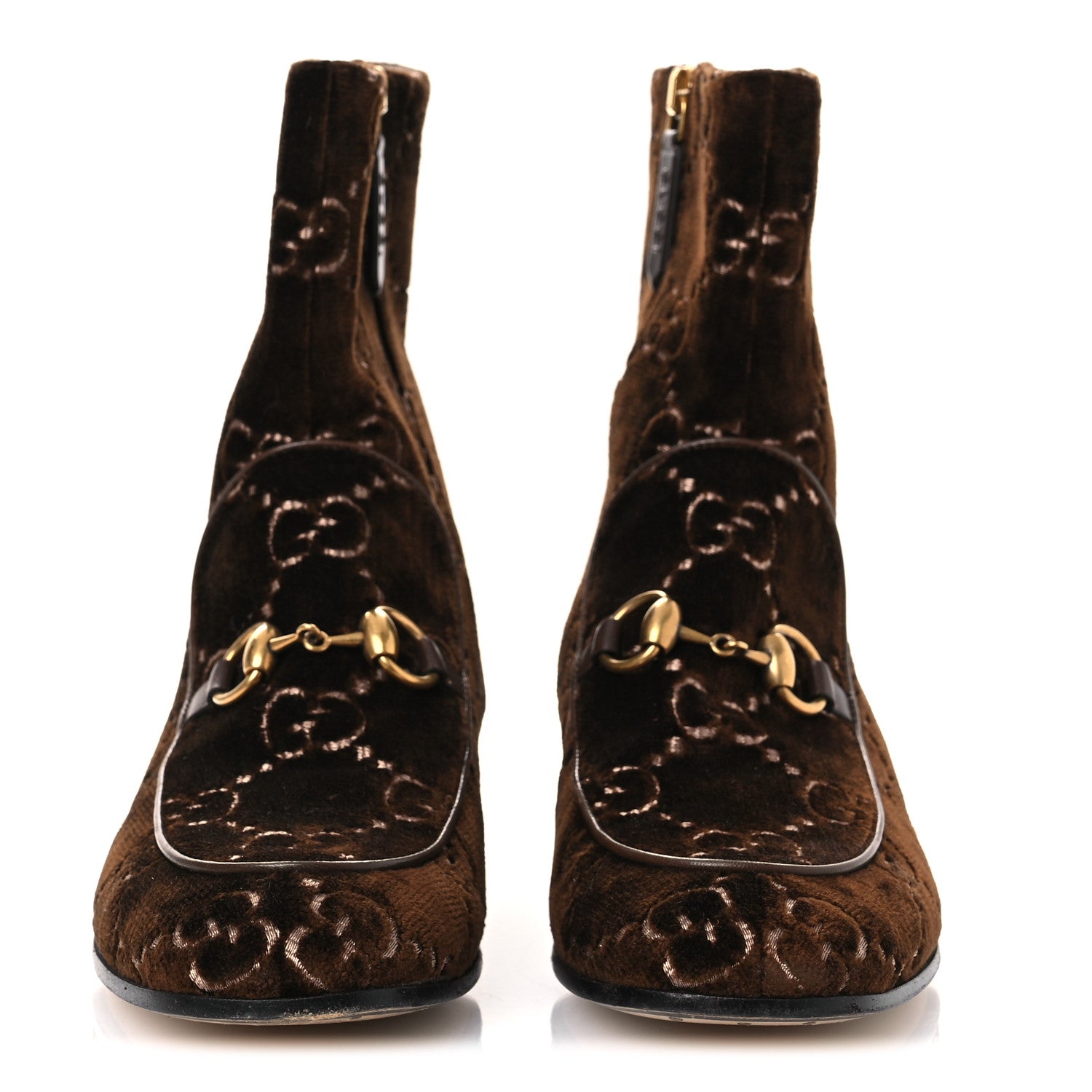 Gucci Velvet GG Monogram Crystal Horsebit Ankle Boots 37 Brown Vintage Cocoa
