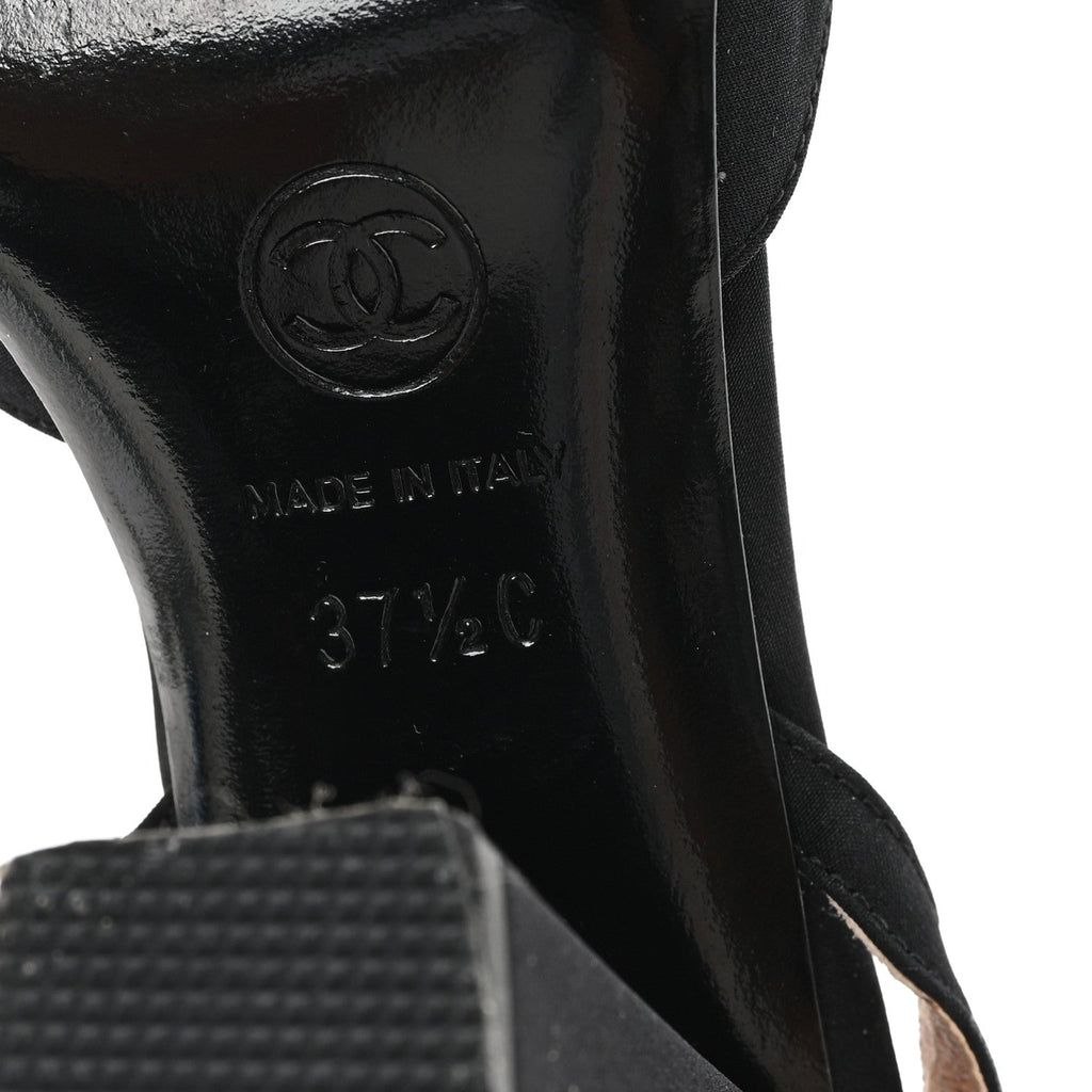 Chanel Satin Camelia Block Heels Sandals 37.5 Black