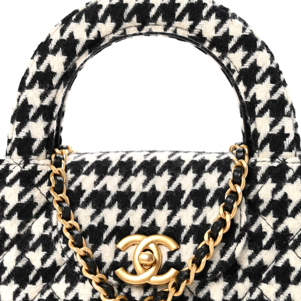 Chanel Tweed Houndstooth Quilted Nano Kelly Shopper Black White