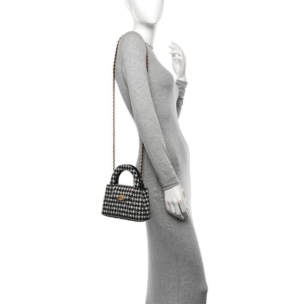 Chanel Tweed Houndstooth Quilted Nano Kelly Shopper Black White