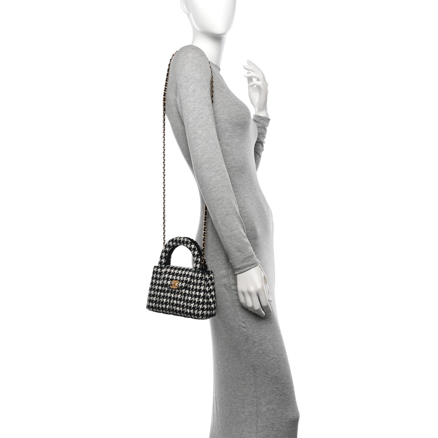 Chanel Tweed Houndstooth Quilted Nano Kelly Shopper Black White