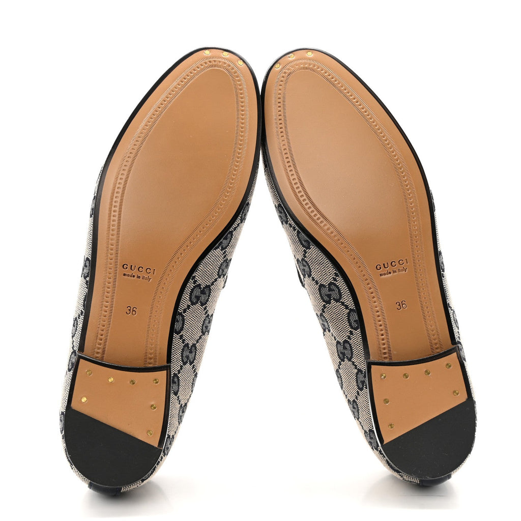 Gucci Monogram Malaga Kid Horsebit Womens Jordaan Loafers 36 Beige Blue