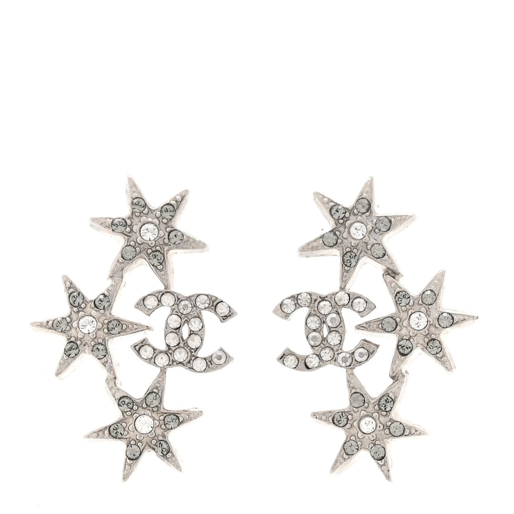 Chanel Crystal Star CC Earrings Silver