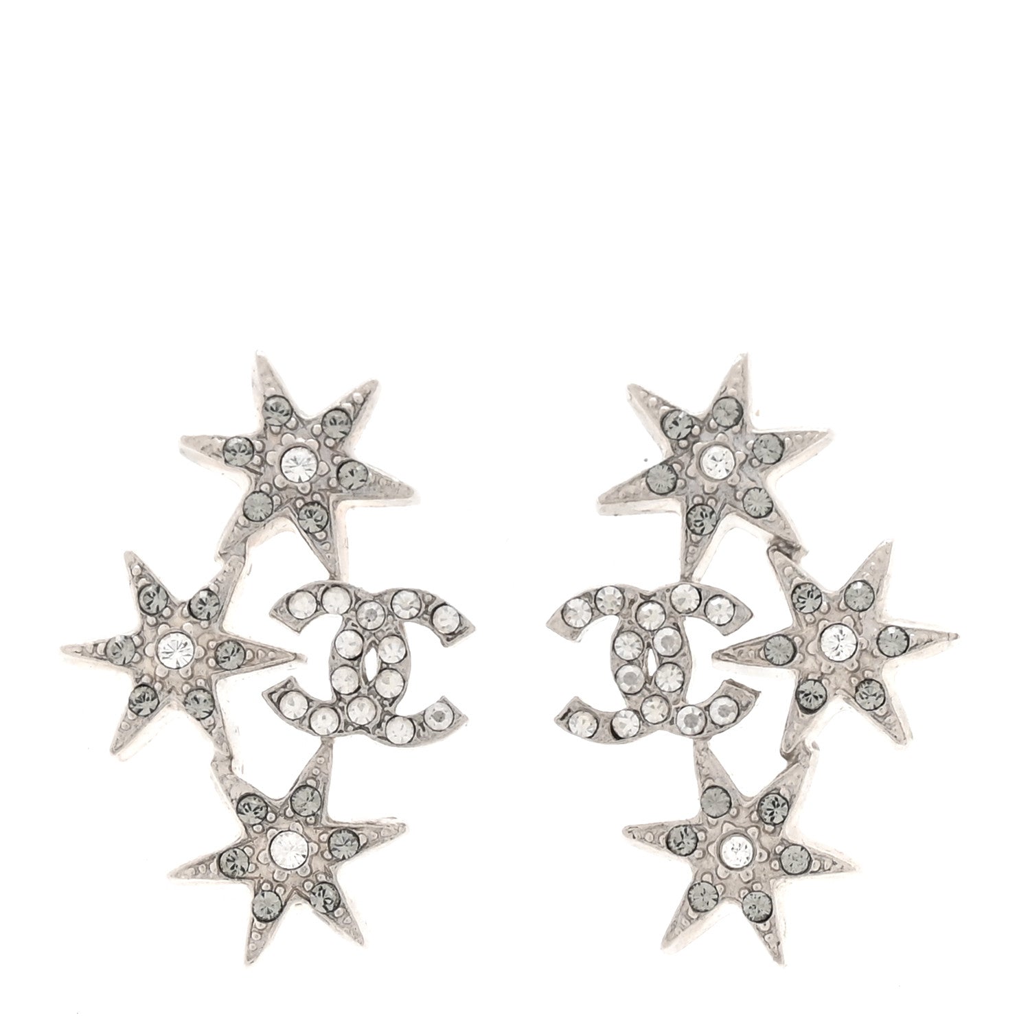 Chanel Crystal Star CC Earrings Silver