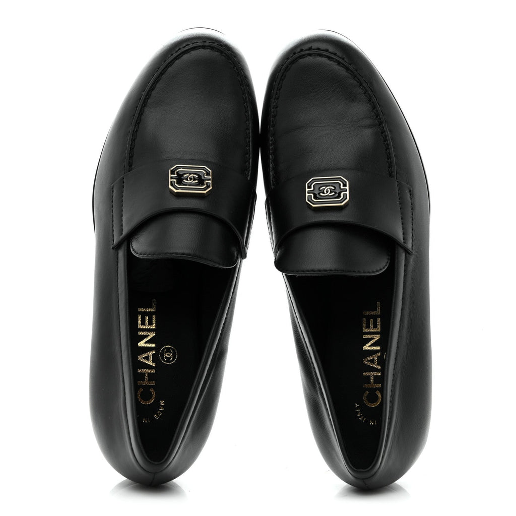Chanel Lambskin Enamel CC Moccasin Loafers 37 Black