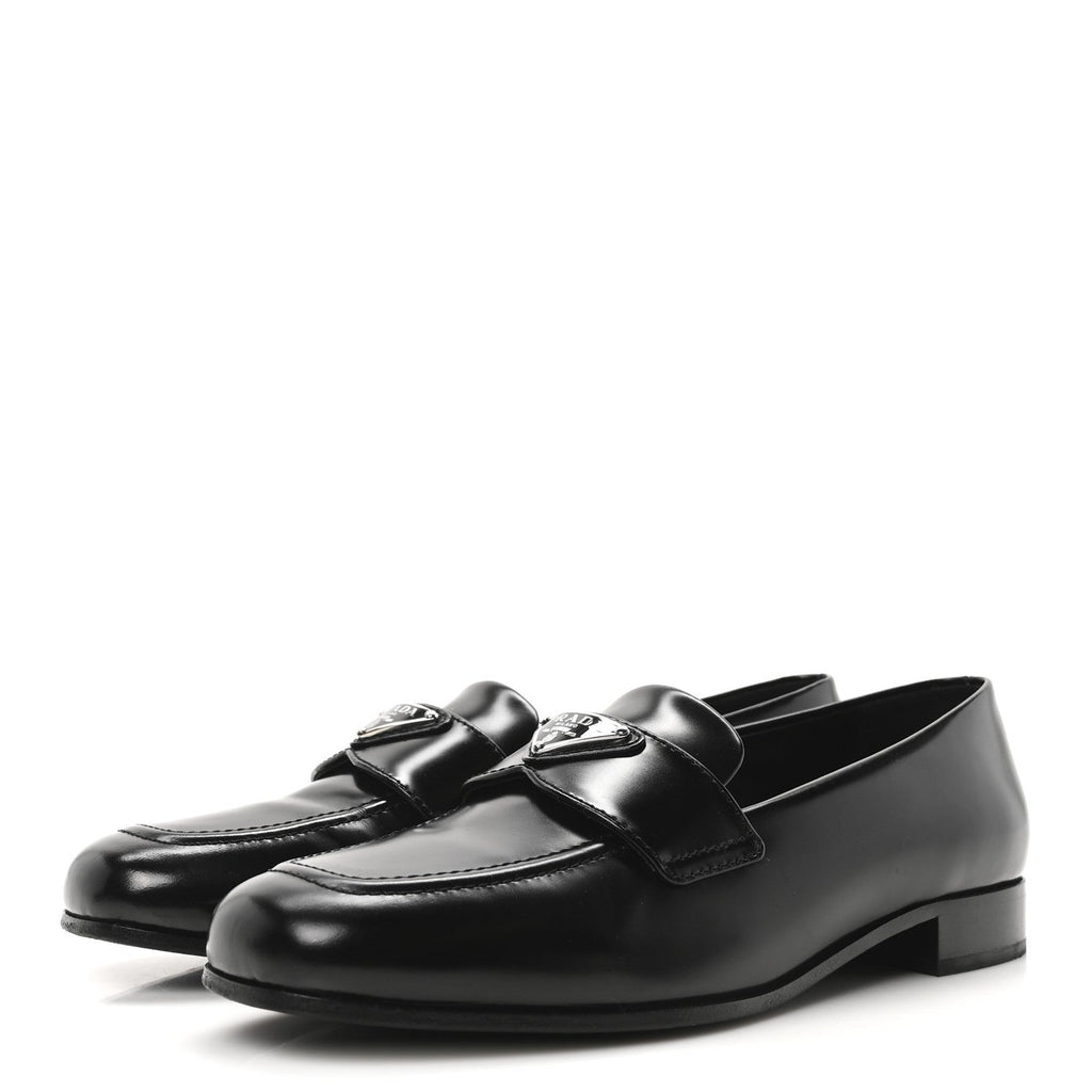 Prada Brushed Calfskin Metal Triangle Logo 20mm Loafers 36.5 Black