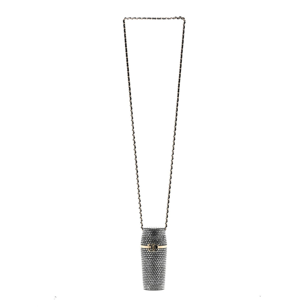 Chanel Metal Resin Lambskin Crystal Lipstick Case Long Necklace On Chain Silver Black Gold