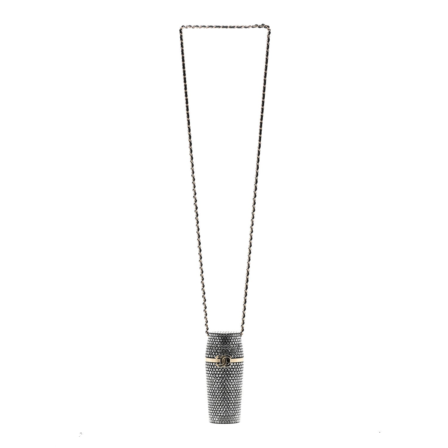 Chanel Metal Resin Lambskin Crystal Lipstick Case Long Necklace On Chain Silver Black Gold