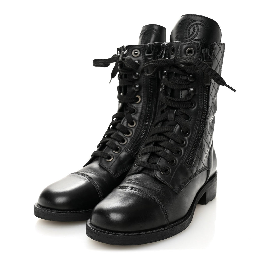 Chanel Calfskin Quilted Lace Up Combat Boots 36.5 Black