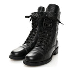 Chanel Calfskin Quilted Lace Up Combat Boots 36.5 Black