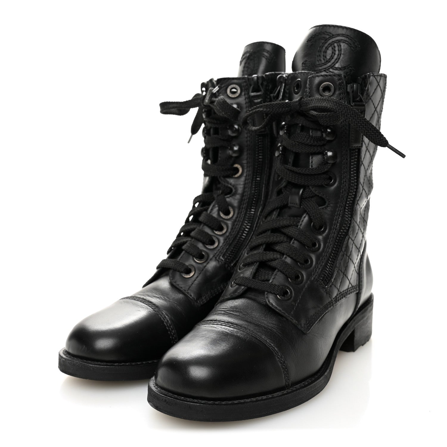 Chanel Calfskin Quilted Lace Up Combat Boots 36.5 Black