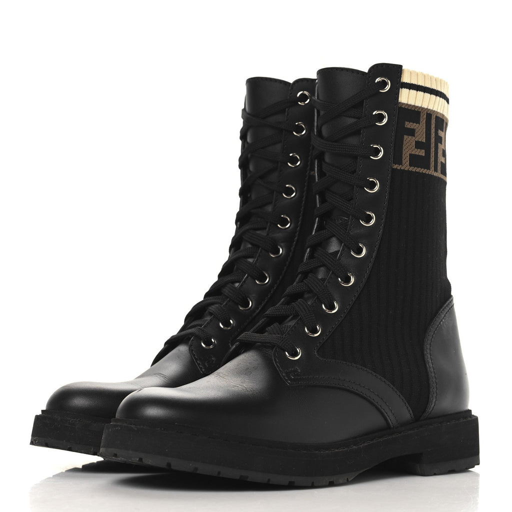 Fendi Calfskin Stretch Fabric Rockoko Biker Boots 36.5 Tobacco Black Marino