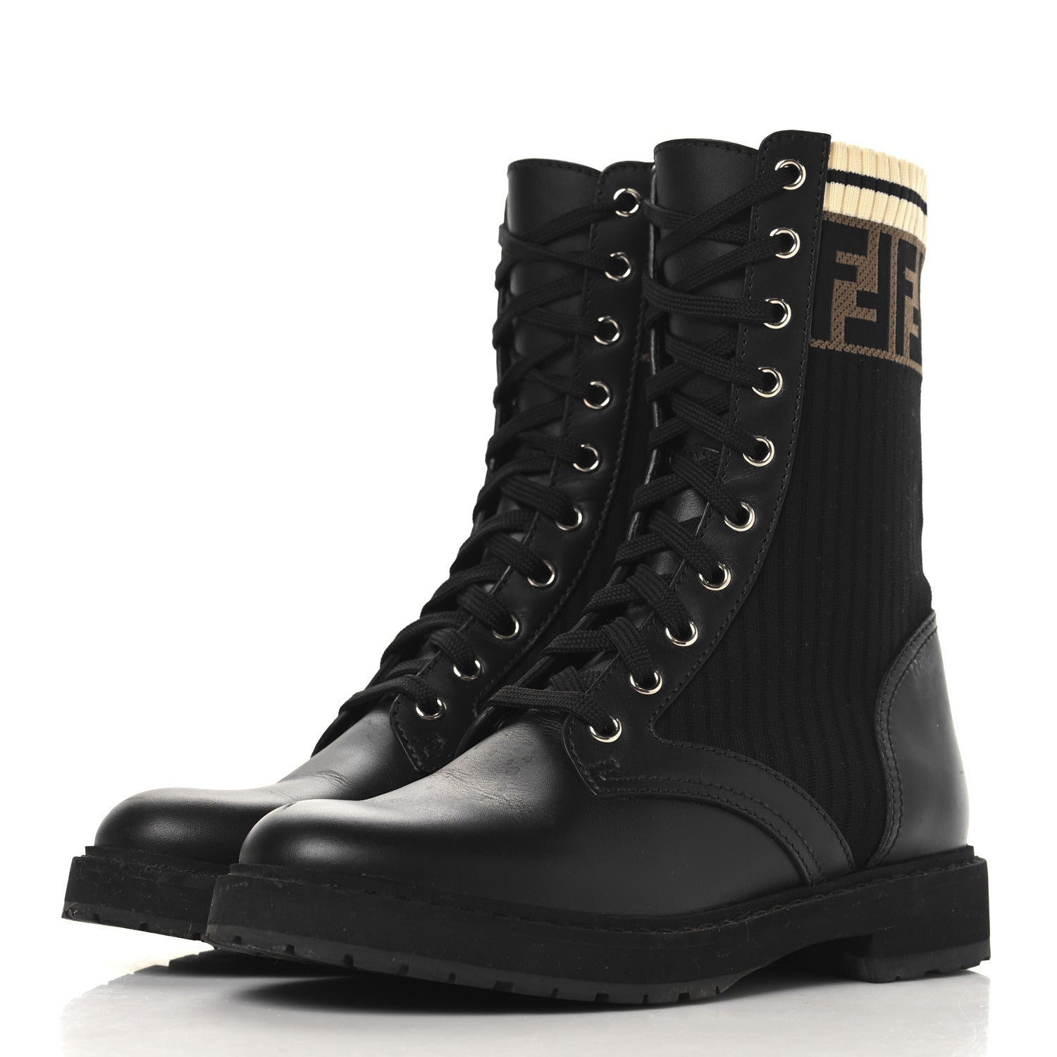 Fendi Calfskin Stretch Fabric Rockoko Biker Boots 36.5 Tobacco Black Marino