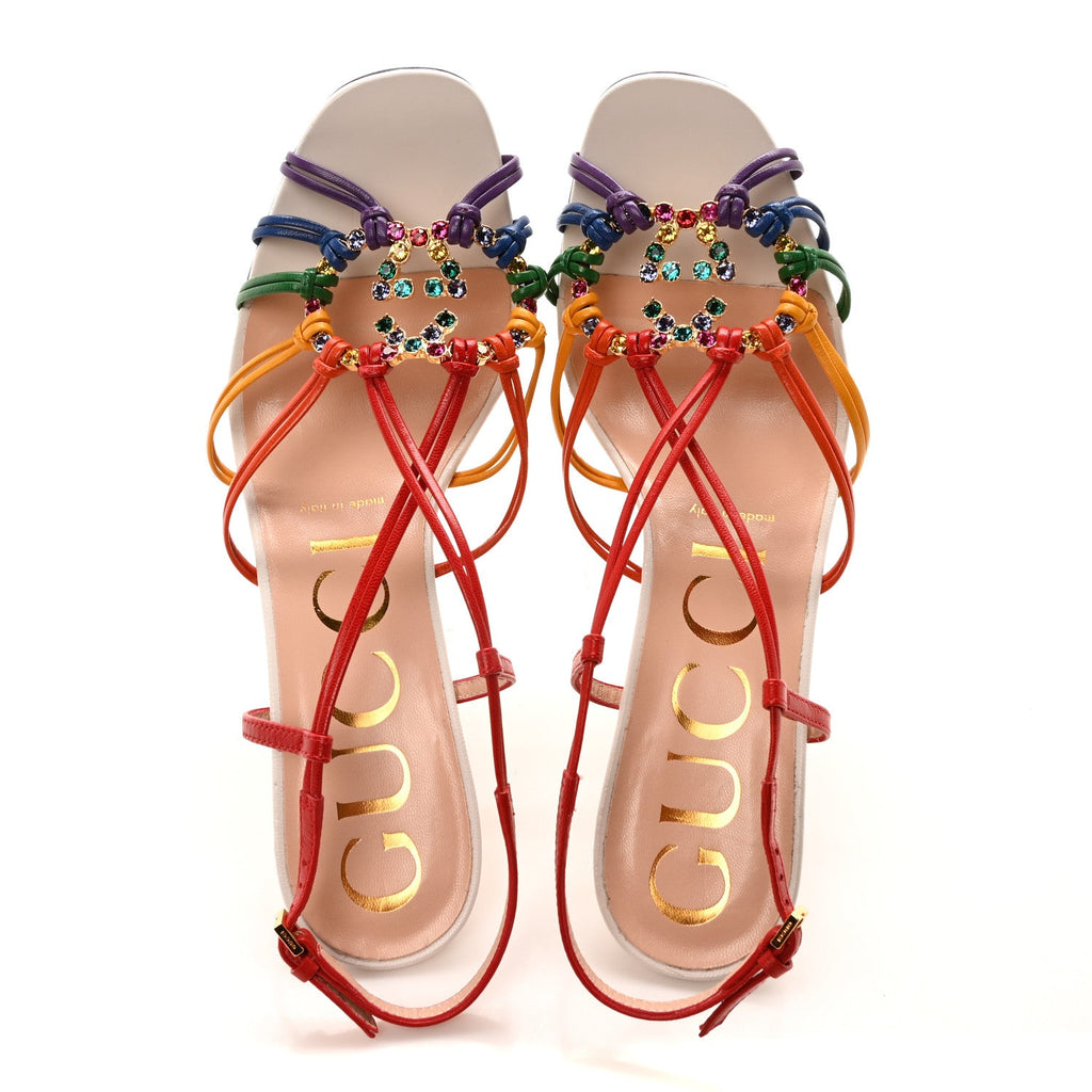 Gucci Calfskin Crystal GG Isa Ankle Strap Mid Heel Sandals 37 Multicolor