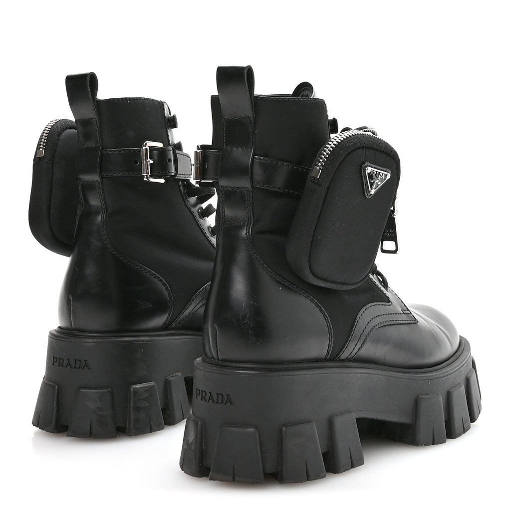Prada Spazzolato Rois Nylon Metal Triangle Logo Monolith Pouch Pocket 55mm Boots 37 Black