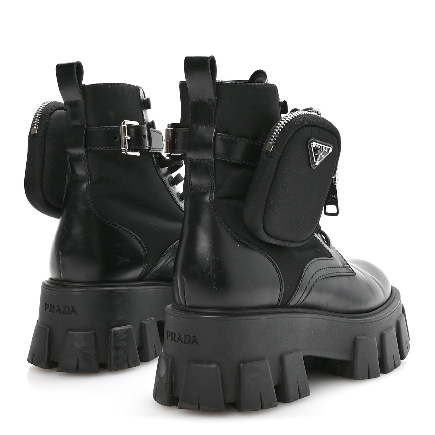 Prada Spazzolato Rois Nylon Metal Triangle Logo Monolith Pouch Pocket 55mm Boots 37 Black