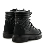 Chanel Calfskin Grosgrain Quilted Lace Up Boots 38.5 Black Grey