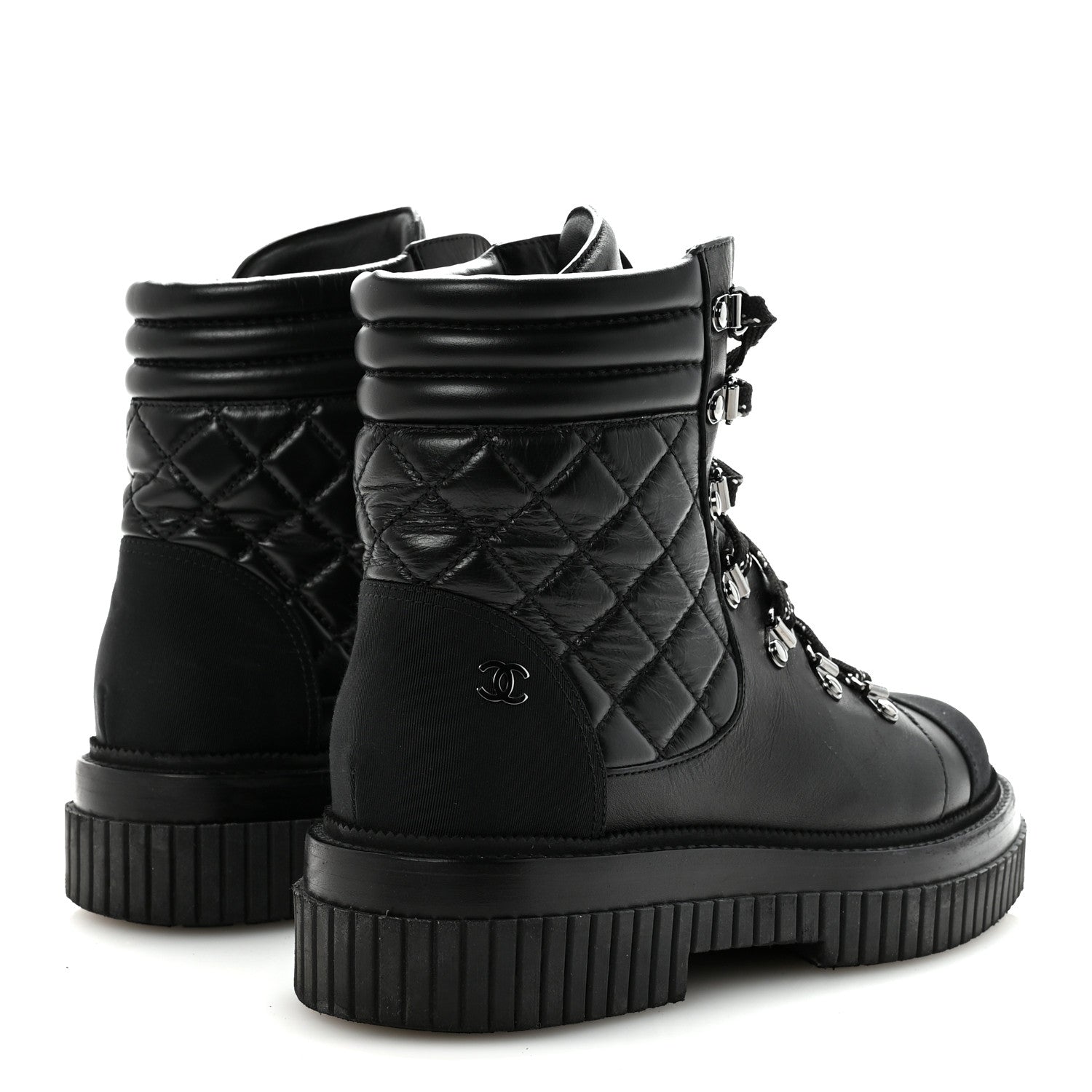 Chanel Calfskin Grosgrain Quilted Lace Up Boots 38.5 Black Grey