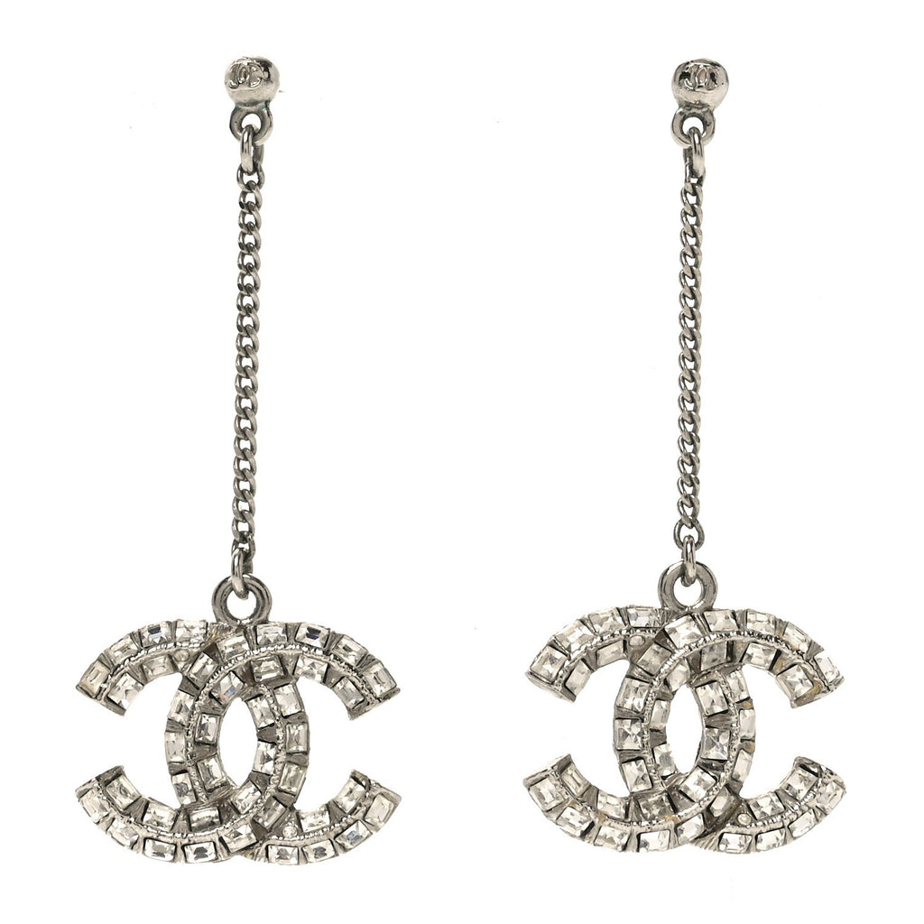 Chanel Crystal Baguette CC Drop Earrings Silver