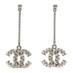 Chanel Crystal Baguette CC Drop Earrings Silver