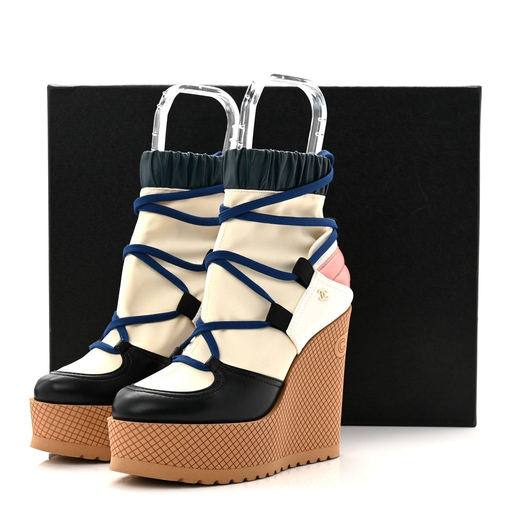 Chanel Fabric Lambskin Calfskin Runway Wedge Short Platform Boots 36 Blue White Pink