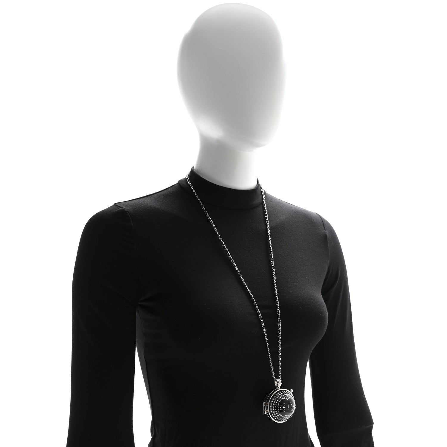 Chanel Resin Crystal Lambskin Ball Mirror Necklace Black Silver