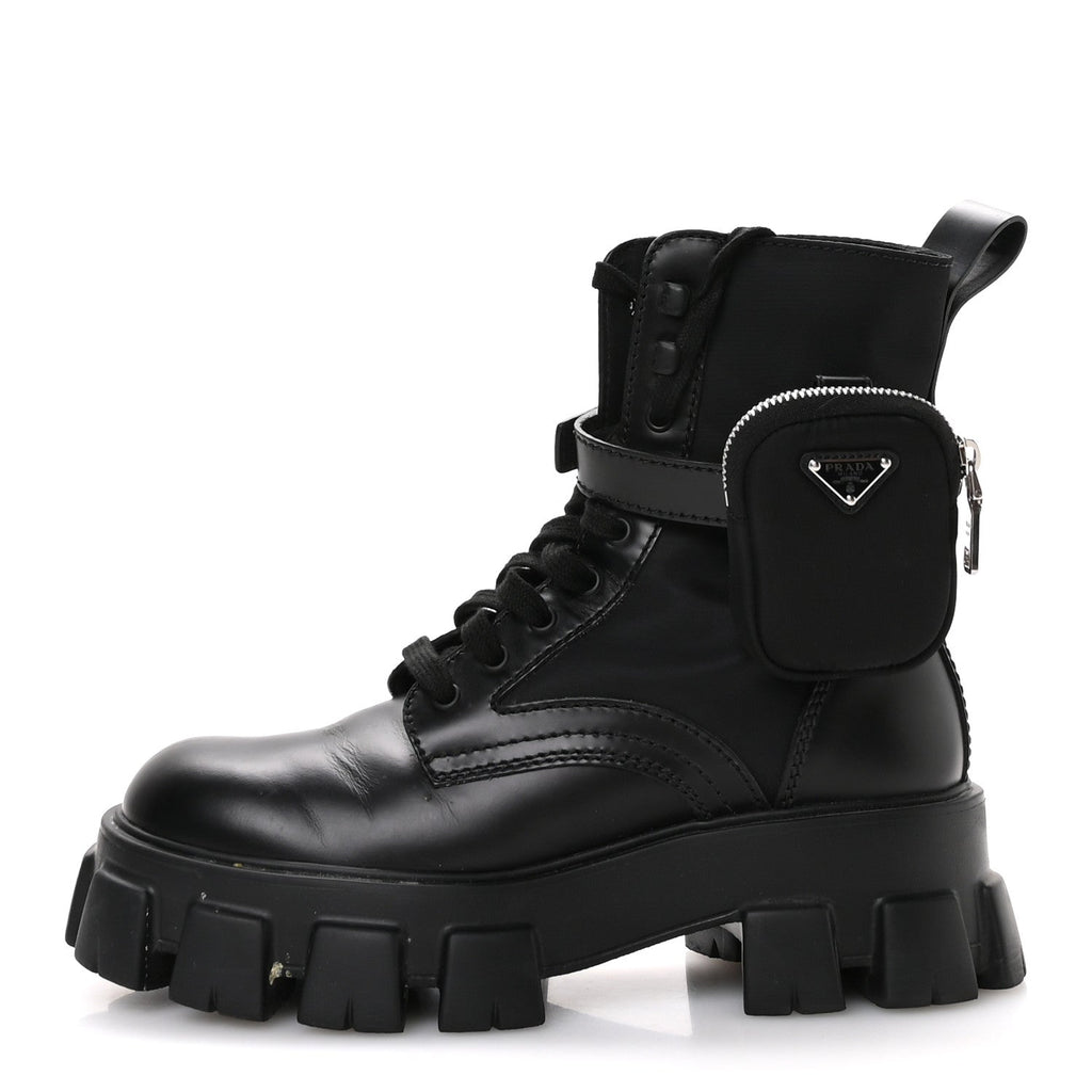 Prada Spazzolato Rois Nylon Metal Triangle Logo Monolith Pouch Pocket 55mm Boots 40 Black