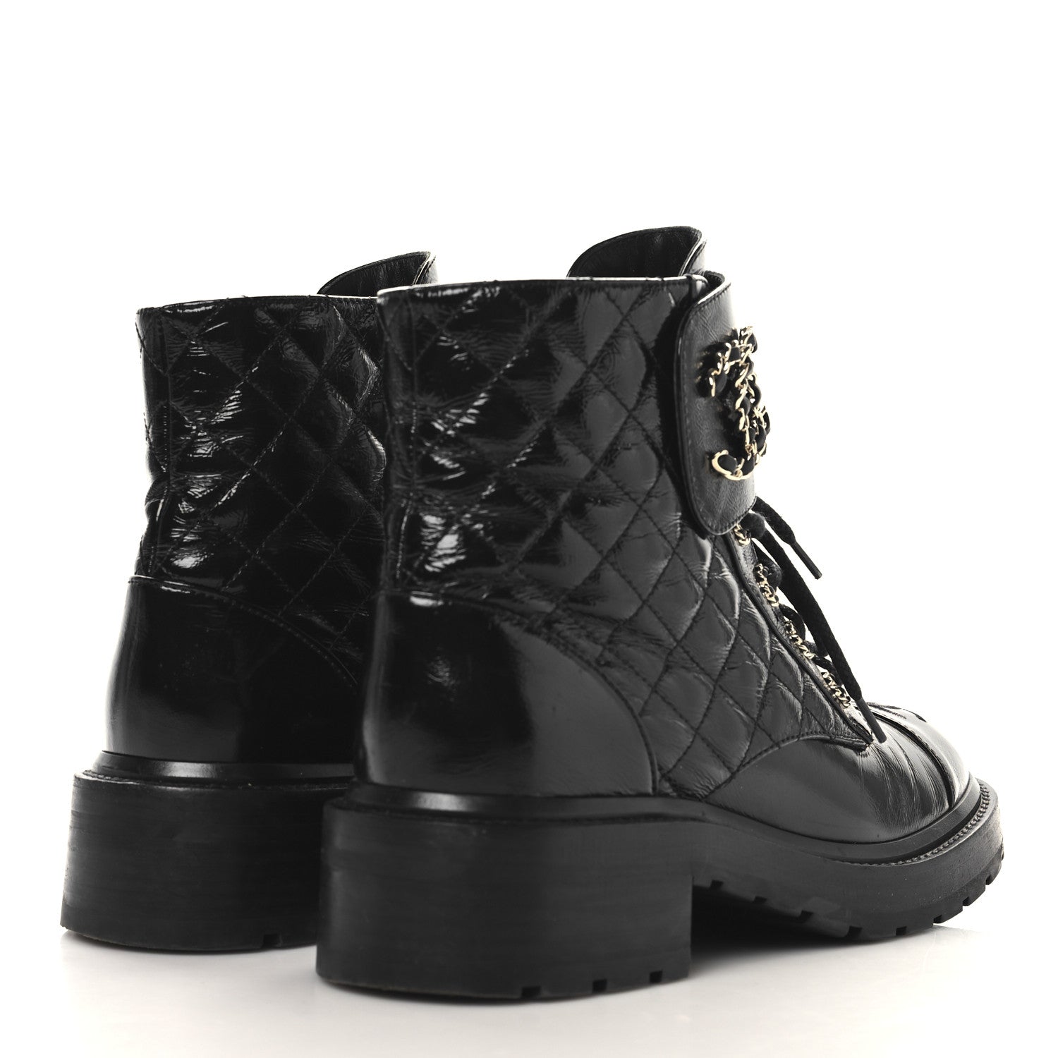 Chanel Shiny Calfskin Quilted Lace Up Combat Boots 39 Black