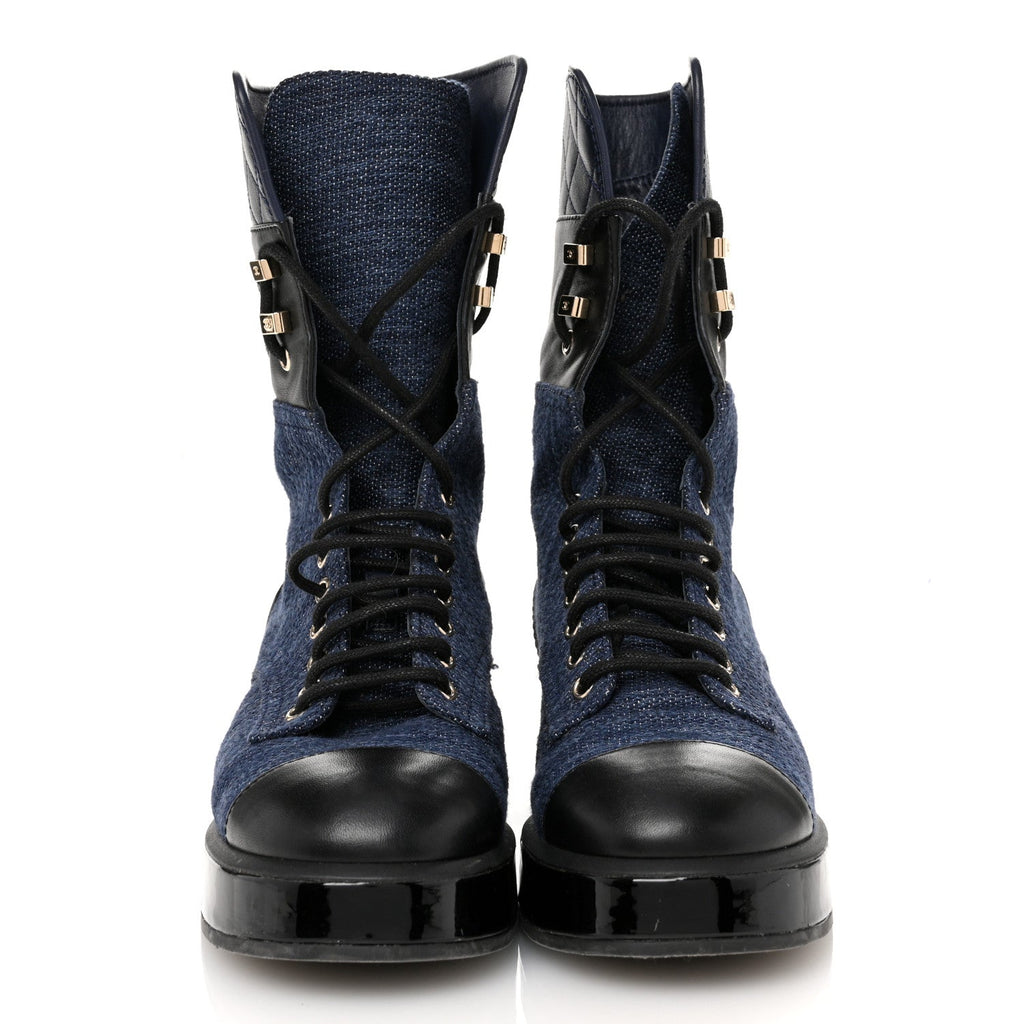 Chanel Fabric Patent Lambskin Quilted CC Lace Up Combat Boots 37 Navy Blue Black