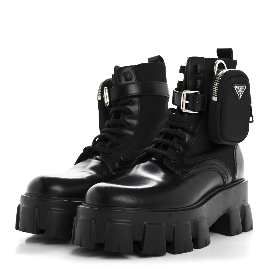 Prada Spazzolato Rois Nylon Metal Triangle Logo Monolith Pouch Pocket 55mm Boots 36.5 Black