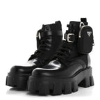Prada Spazzolato Rois Nylon Metal Triangle Logo Monolith Pouch Pocket 55mm Boots 36.5 Black