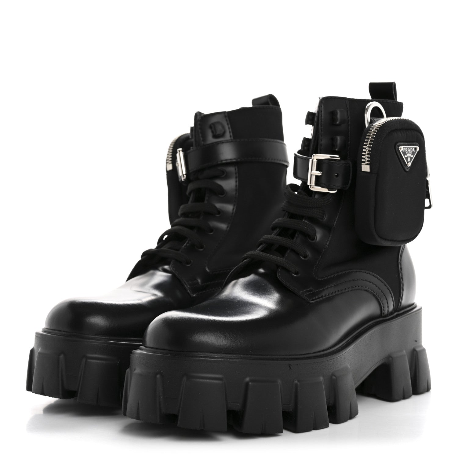 Prada Spazzolato Rois Nylon Metal Triangle Logo Monolith Pouch Pocket 55mm Boots 36.5 Black