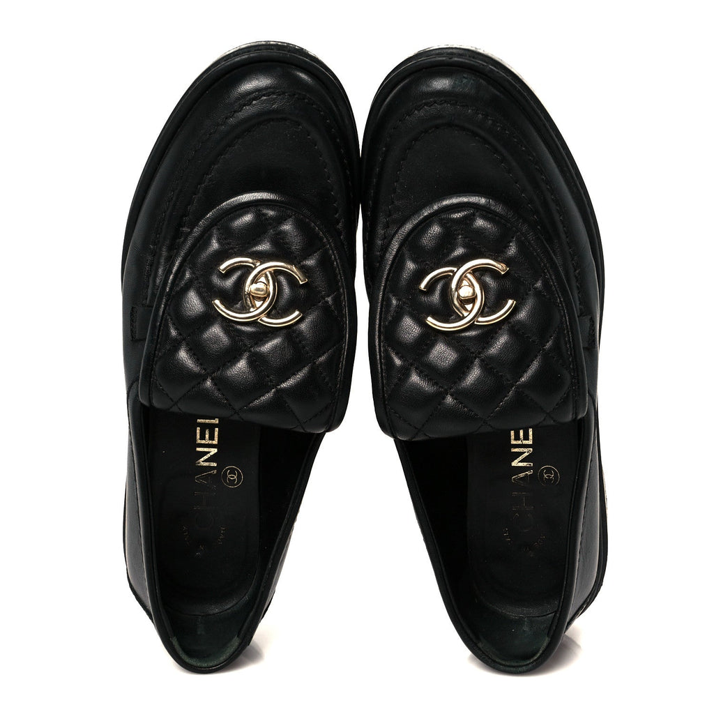 Chanel Lambskin Quilted CC Turnlock Loafers 37 Black