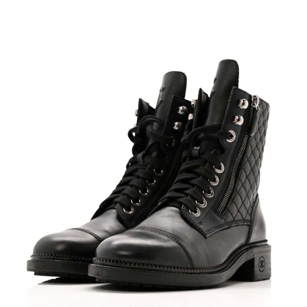 Chanel Calfskin Quilted Lace Up Combat Boots 36.5 Black