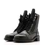 Chanel Calfskin Quilted Lace Up Combat Boots 36.5 Black