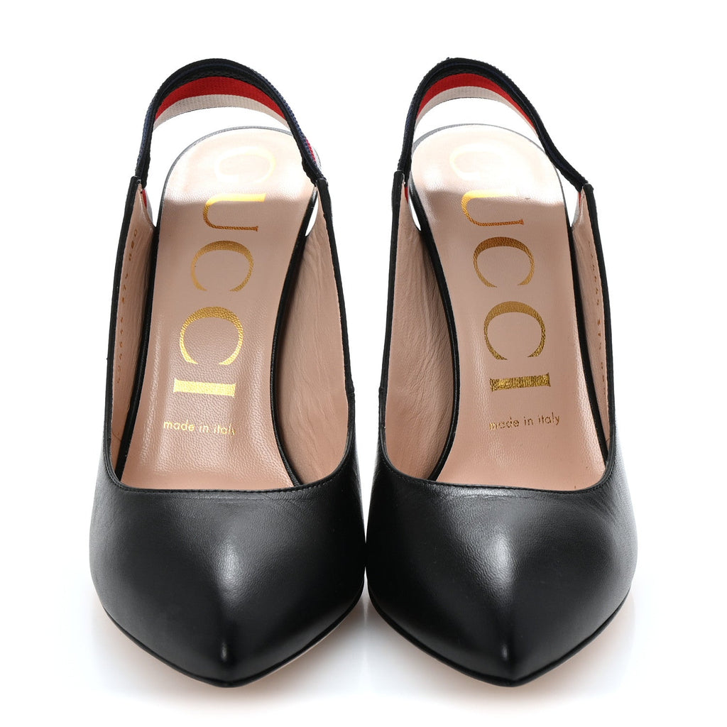 Gucci Malaga Kid Web Sylvie High Heel Slingback Pumps 37.5 Black