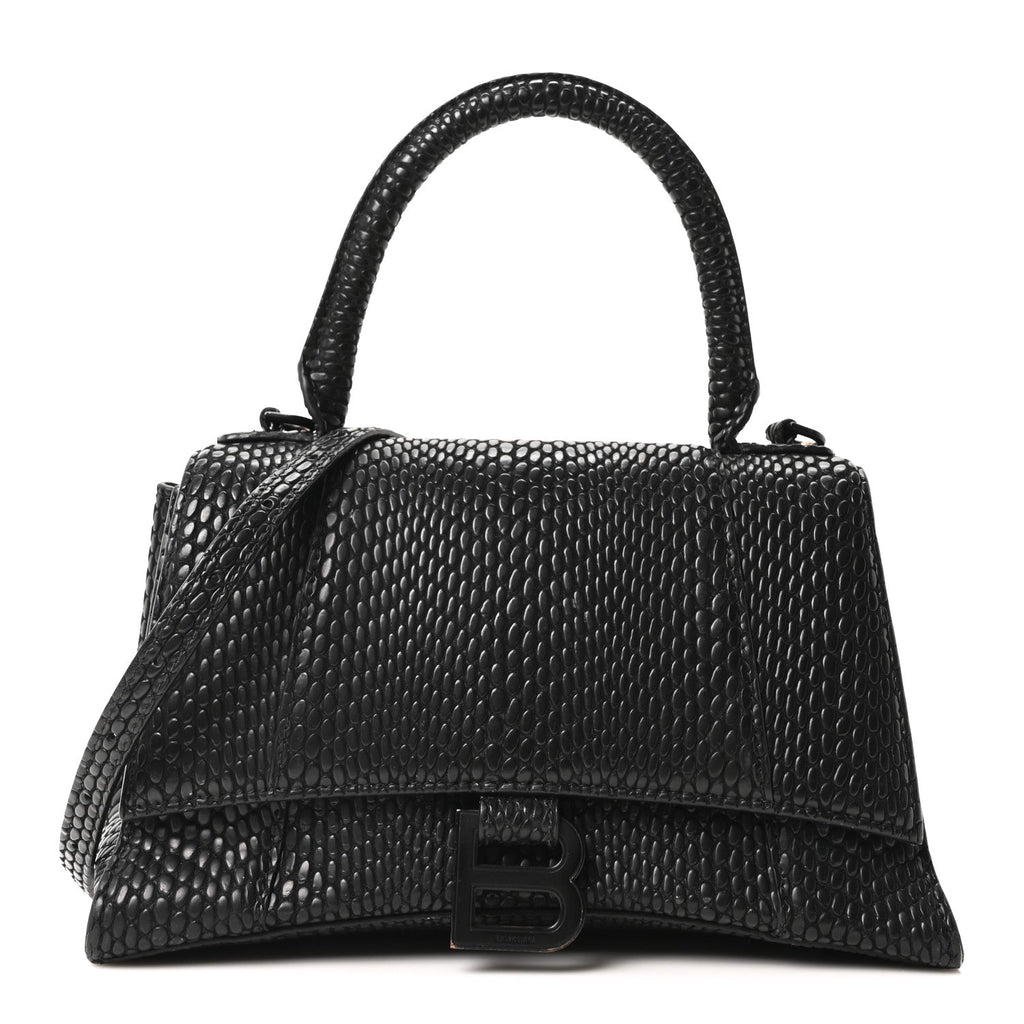 Balenciaga Matte Calfskin Snake Embossed Tonal B Small Hourglass Top Handle Bag Black