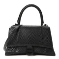 Balenciaga Matte Calfskin Snake Embossed Tonal B Small Hourglass Top Handle Bag Black
