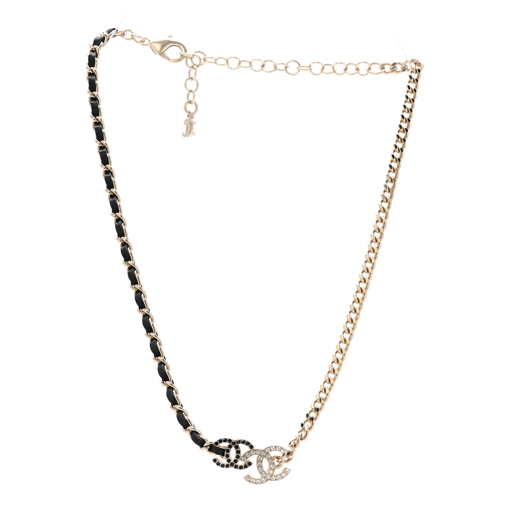 Chanel Metal Calfskin Crystal Double CC Short Necklace Black Gold
